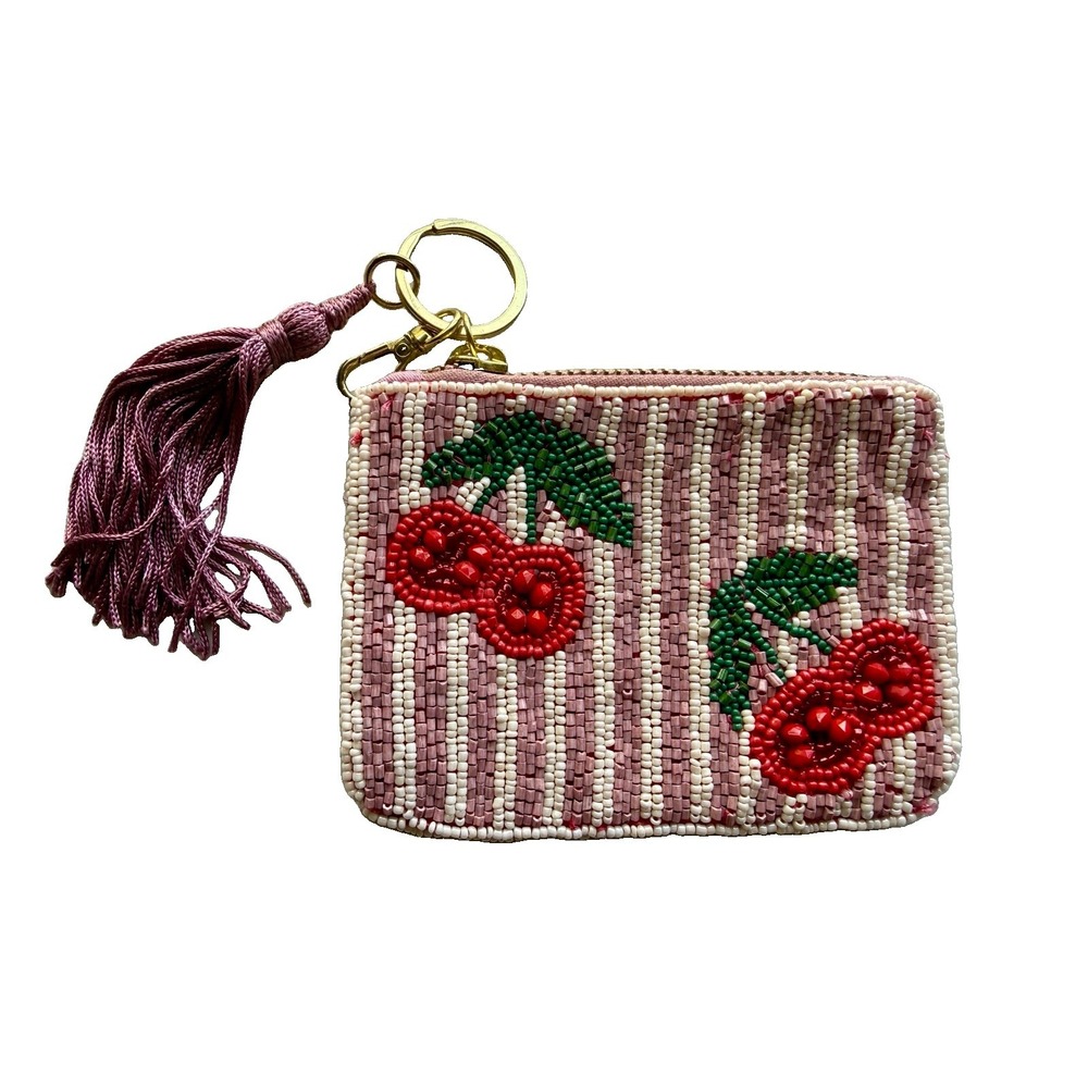 Anthropologie Beaded Coin Purse Red Cherry Pink Tassel Keychain Wallet